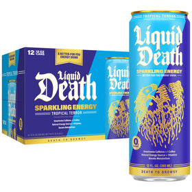 Liquid Death Sparkling Energy Tropical Terror can for a refreshing pick-me-up.