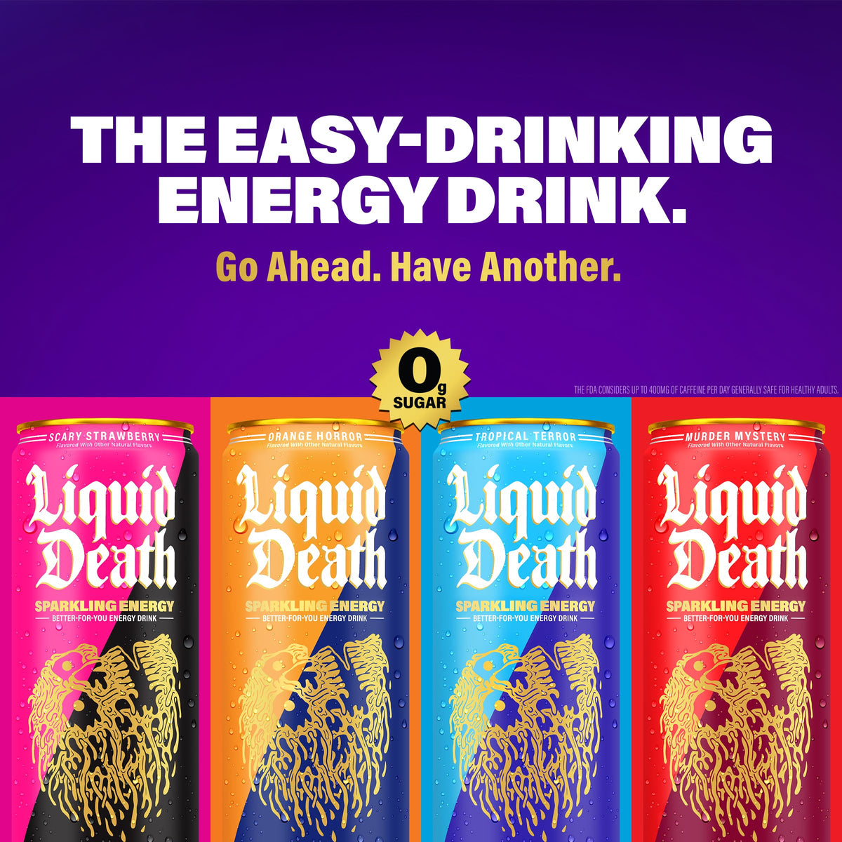 Liquid Death Sparkling Energy Variety Pack display on shelf showcases flavors.