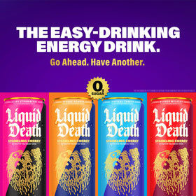 Liquid Death Sparkling Energy Variety Pack display on shelf showcases flavors.