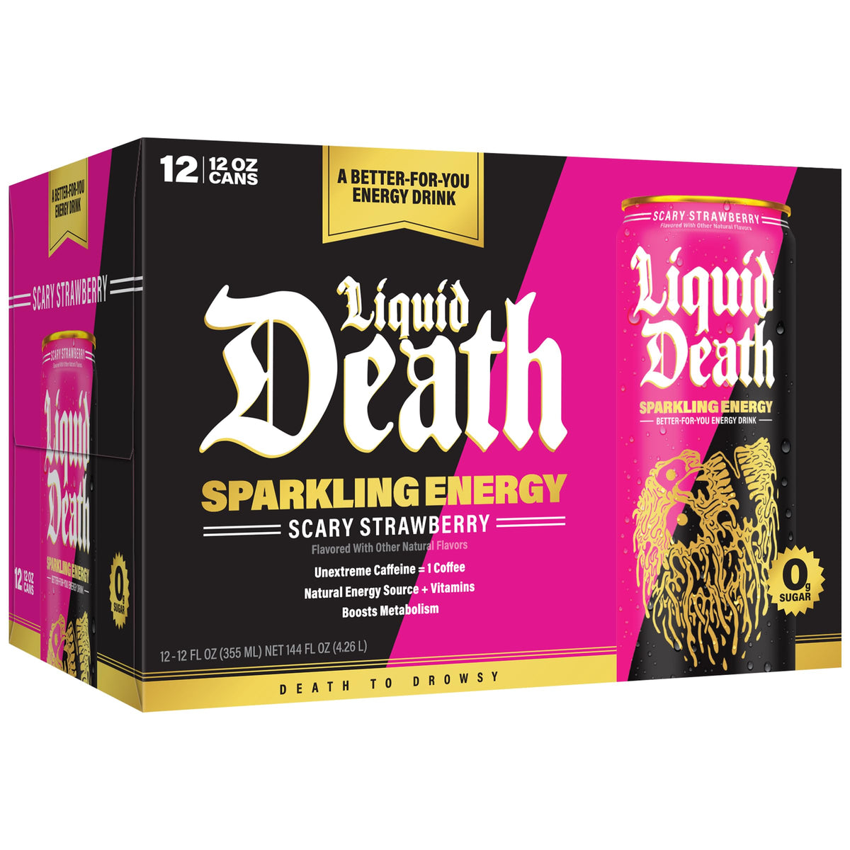 Liquid Death Sparkling Energy vitamins and L-Theanine shown on packaging.
