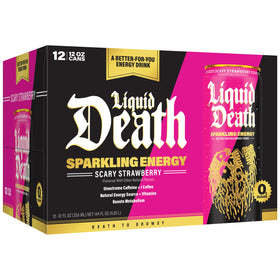 Liquid Death Sparkling Energy vitamins and L-Theanine shown on packaging.