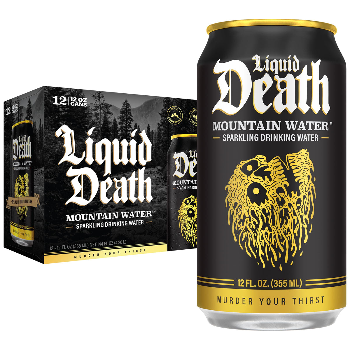 Liquid Death Sparkling Mountain Water bottle showing real mountain-source hydration