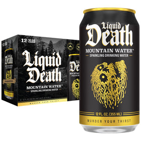 Liquid Death Sparkling Mountain Water bottle showing real mountain-source hydration