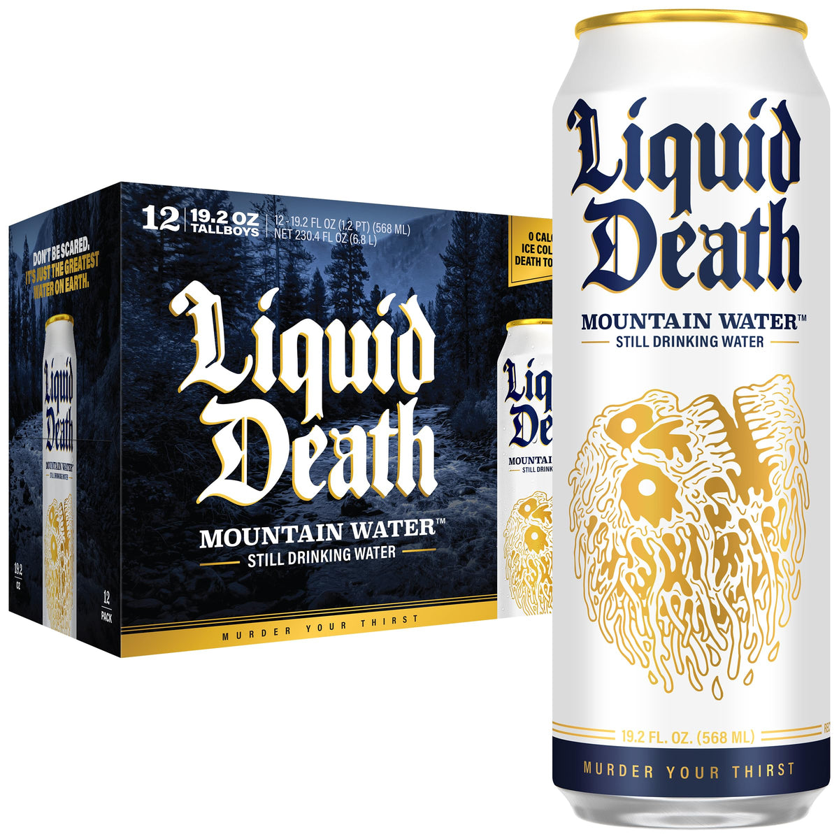Liquid Death Still Mountain Water in an ice-cold can for instant refreshment.