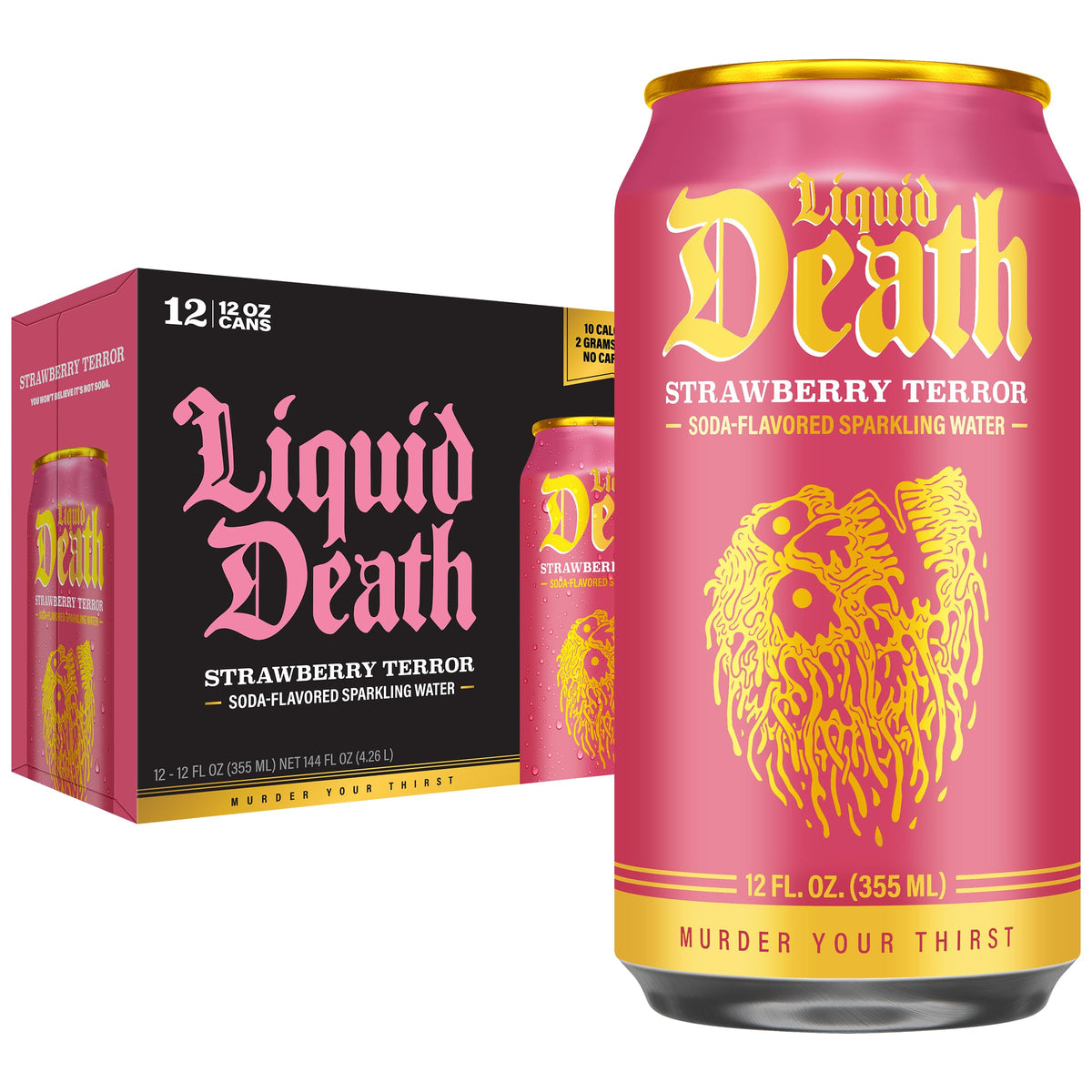 Liquid Death Strawberry Terror can showcases berry flavor with low sugar for a refreshing sip.