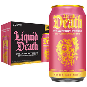 Liquid Death Strawberry Terror can showcases berry flavor with low sugar for a refreshing sip.