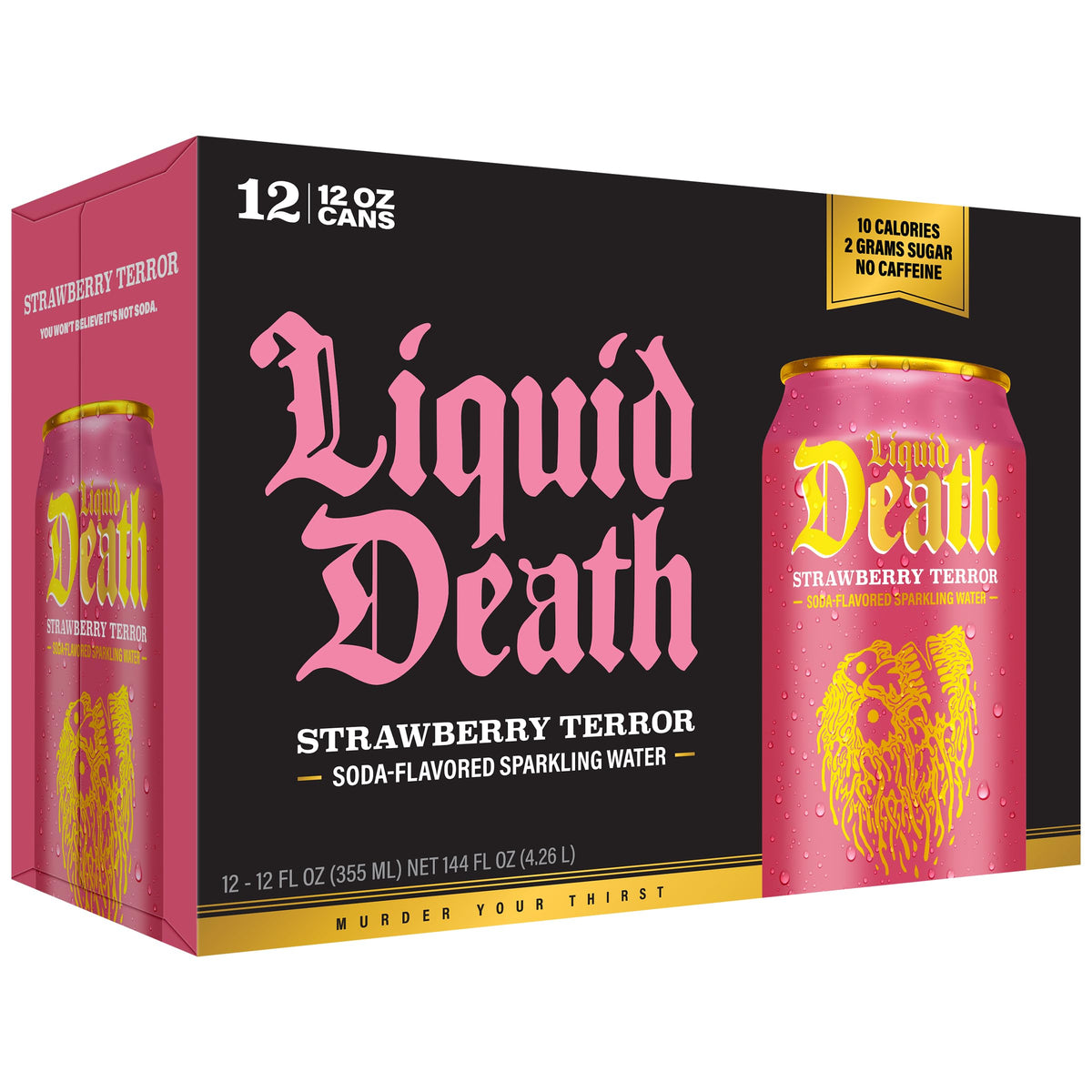 Liquid Death Strawberry Terror in hand demonstrates grab-and-go convenience.