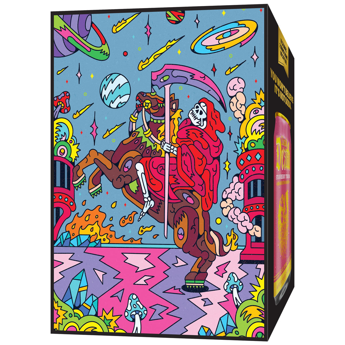 Liquid Death Strawberry Terror label emphasizes recyclable cans and bold berry flavor.