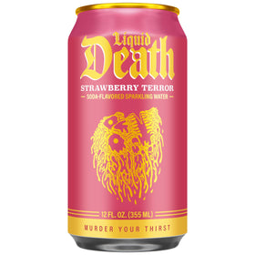 Liquid Death Strawberry Terror pour reveals fizzy bubbles and a berry-lemon aroma.