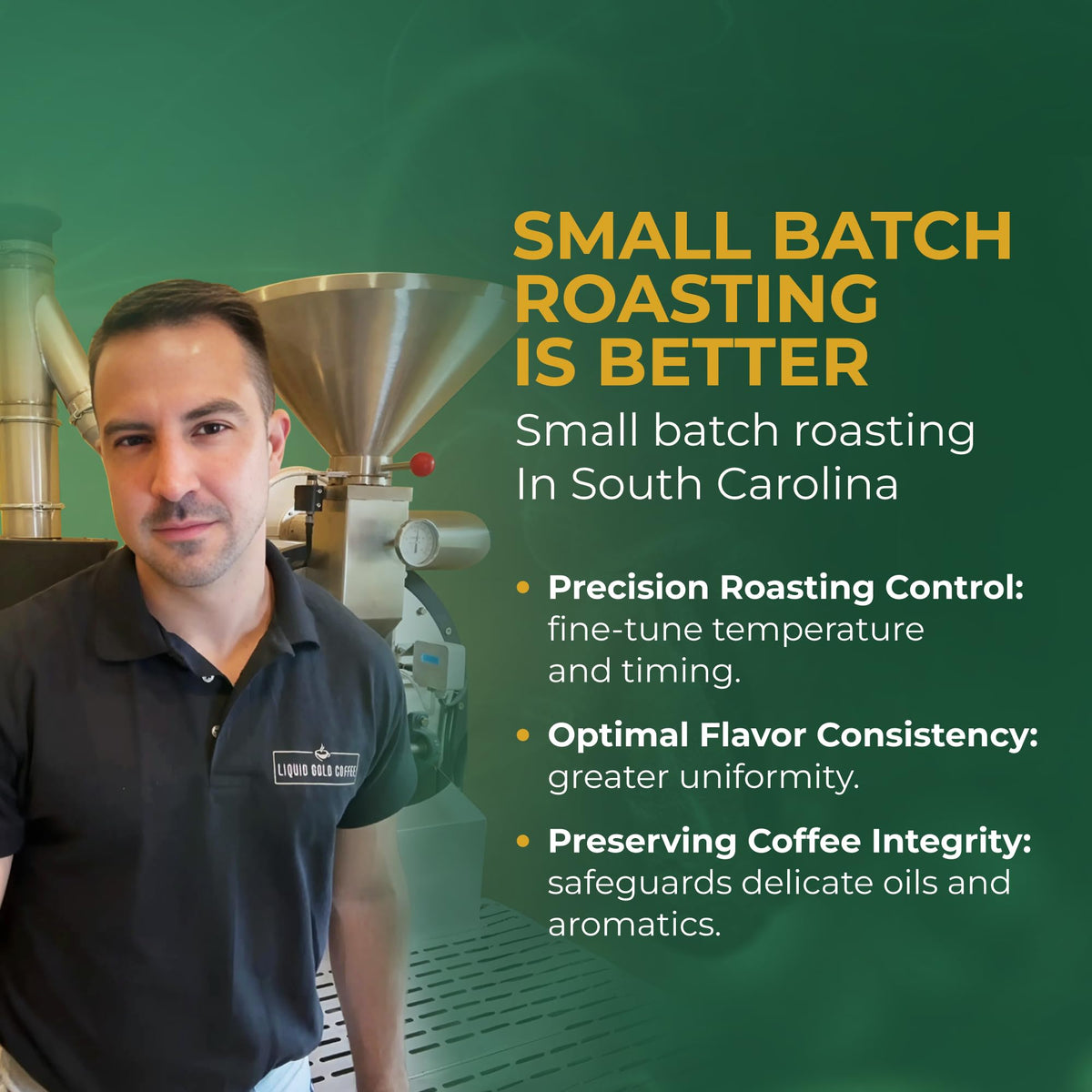 Liquid Gold Coffee 100% Arabica beans deliver a clean, nuanced aroma.