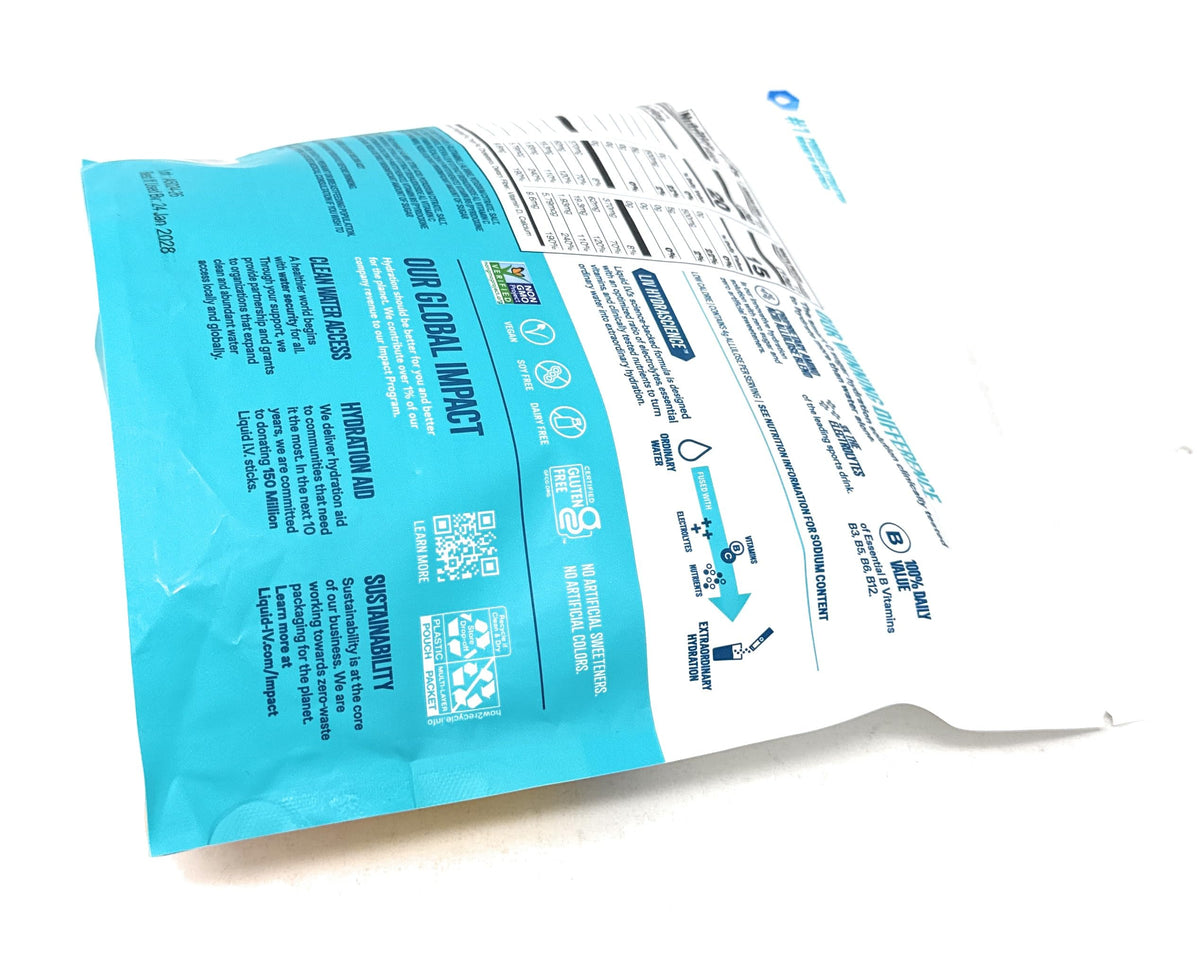 Liquid I.V. Sugar Free hydration mix features essential vitamins B3-B5-B6-B12-C.