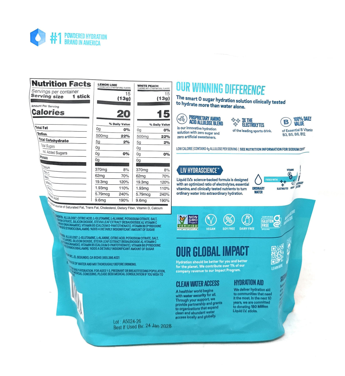 Liquid I.V. Sugar Free White Peach packets for refreshing hydration.