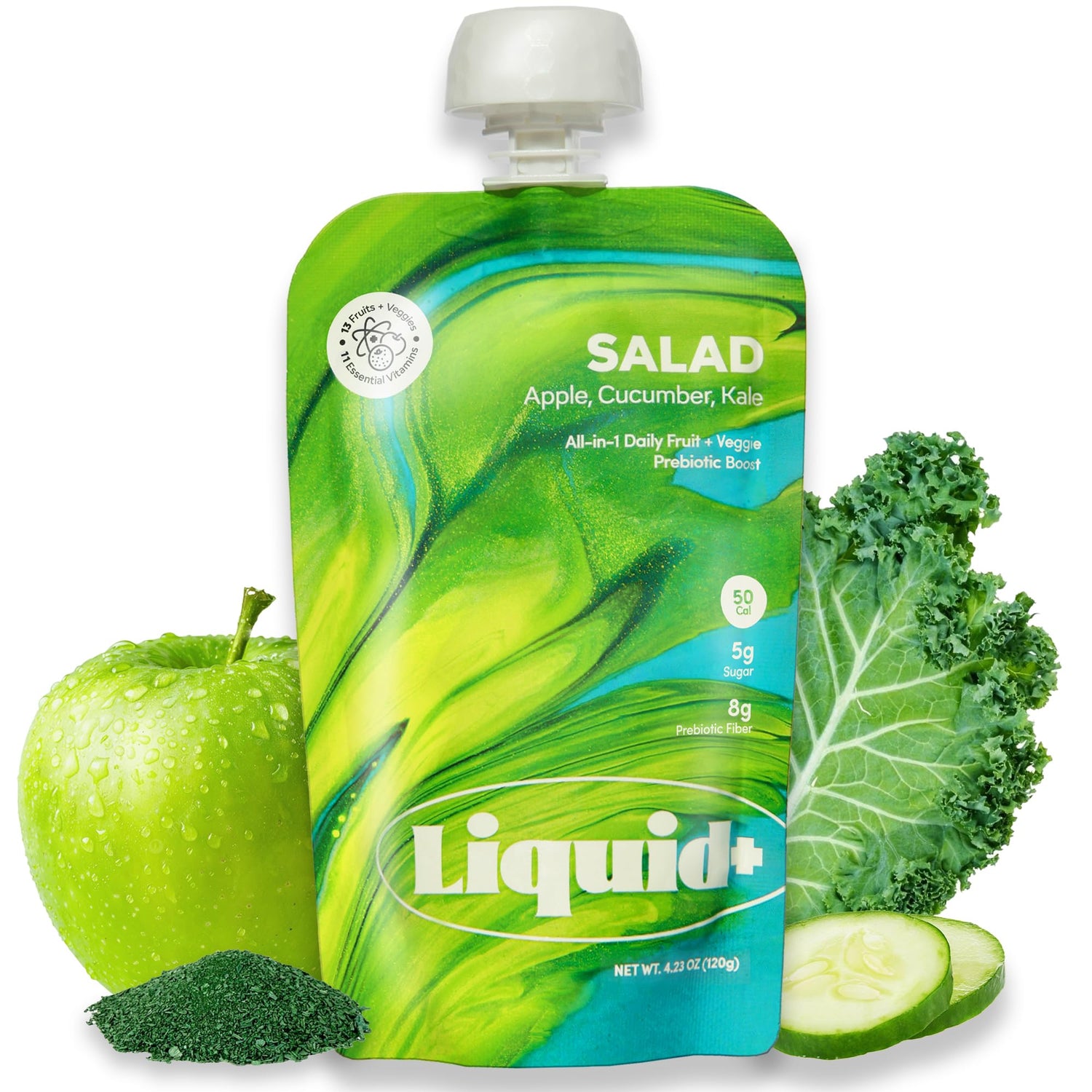 Liquid Plus Liquid Salad High Fiber Veggie Pouch 14-pack on a store shelf for quick greens.