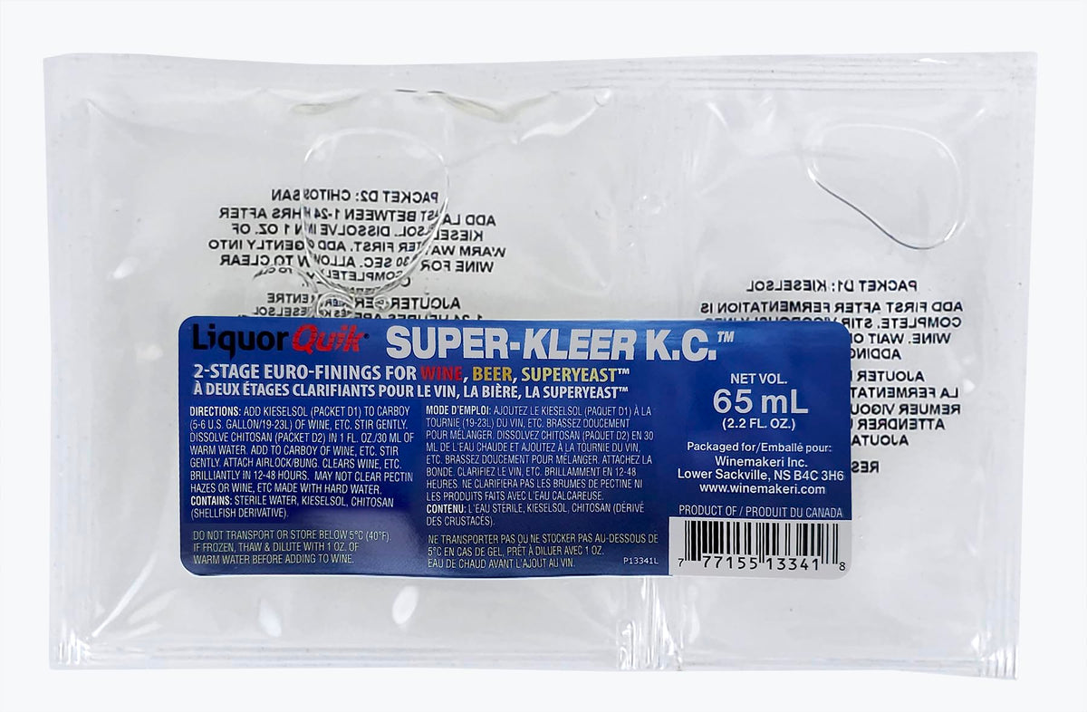 Liquor Quik Super-Kleer KC Finings packaging highlights a 4-pack for home brewers.