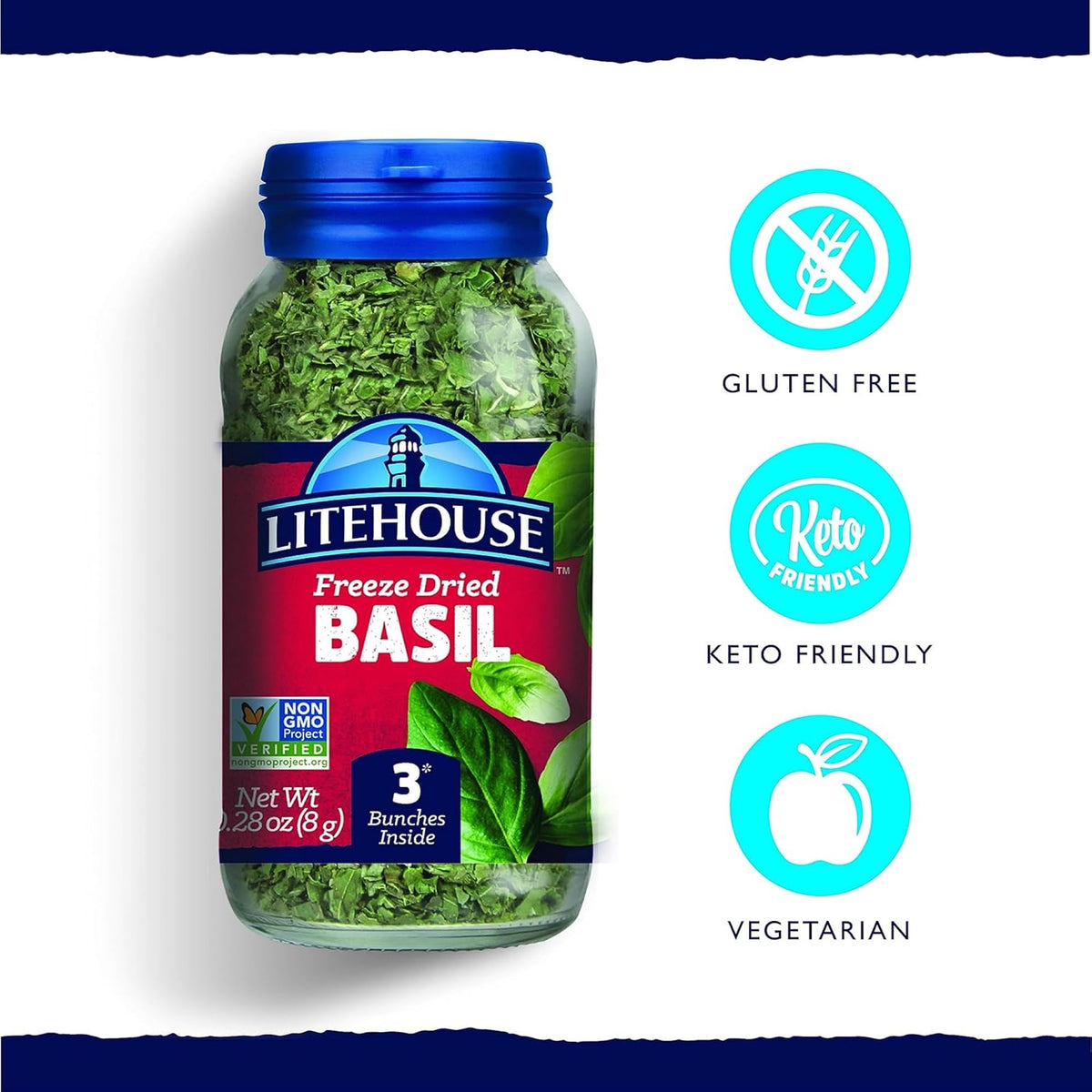Litehouse Freeze Dried Basil Leaves on a dish demonstrates flavor boost for salads