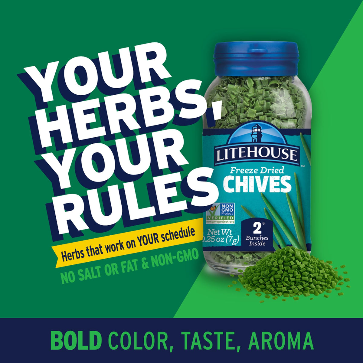 Litehouse Freeze Dried Chives packaging highlights quality and convenience.