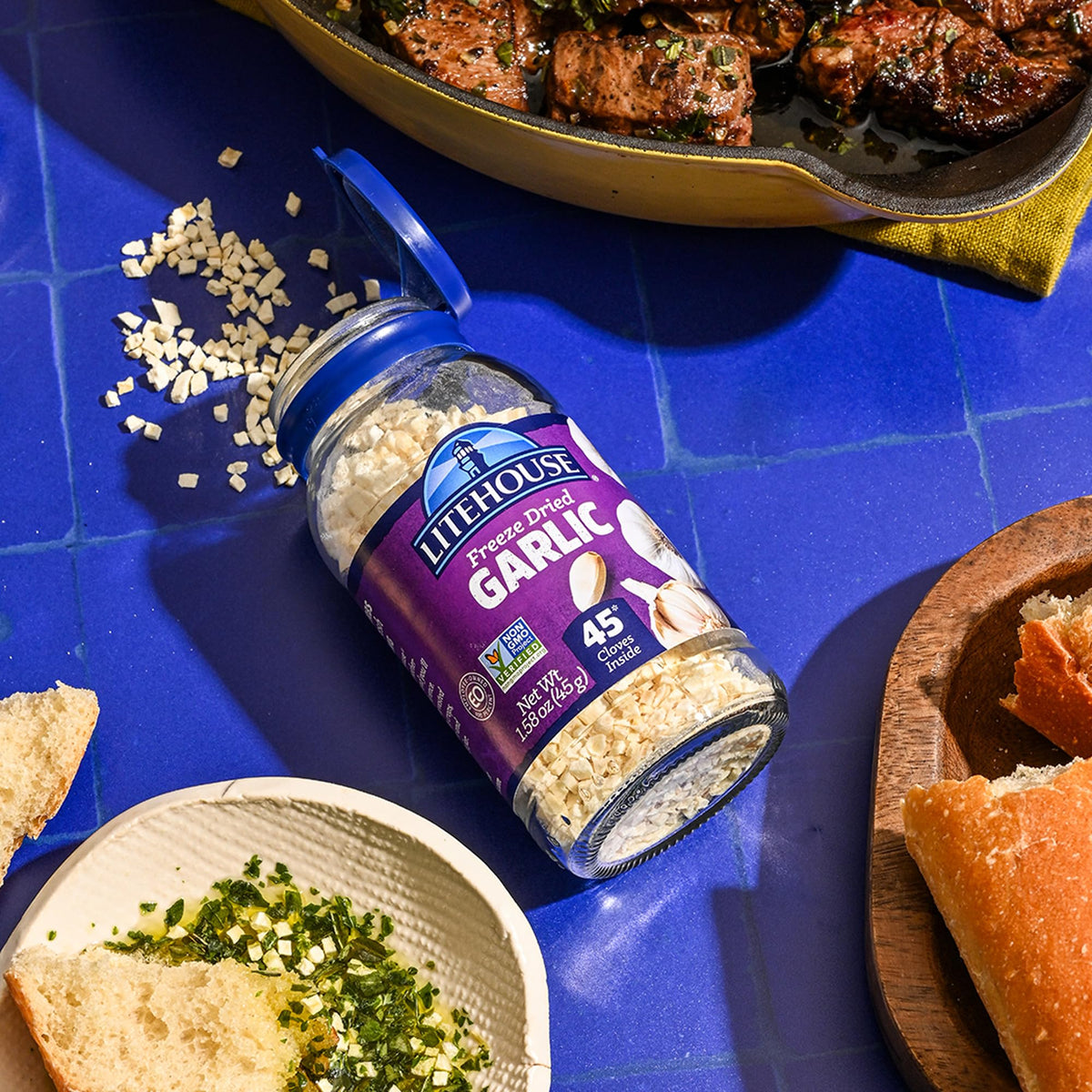Litehouse Freeze Dried Garlic in a kitchen drawer for fast meals.