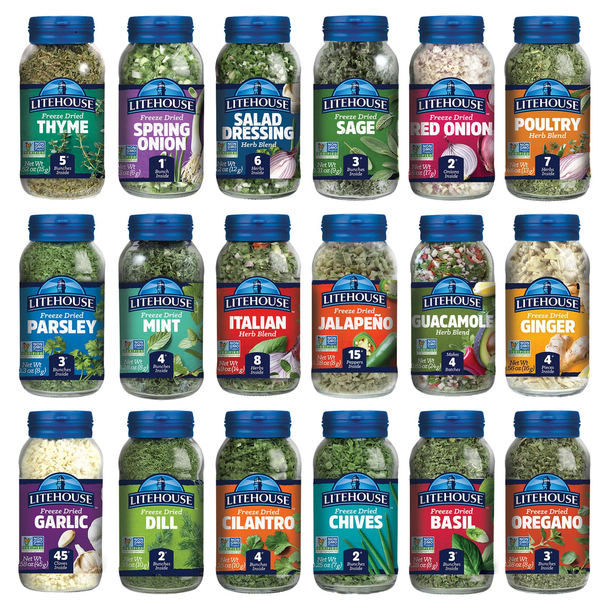 Litehouse freeze-dried herbs collection in a jar, vibrant and ready to substitute for fresh herbs.