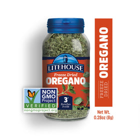 Litehouse oregano in a cozy kitchen scene signals convenient seasoning.