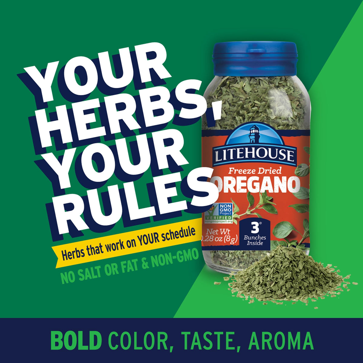 Litehouse oregano spoon dusting illustrates easy sprinkle on pizzas.