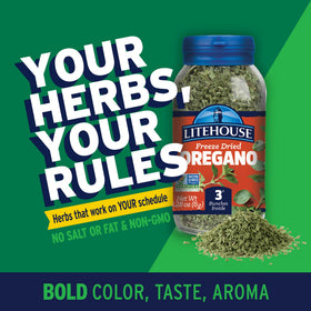 Litehouse oregano spoon dusting illustrates easy sprinkle on pizzas.