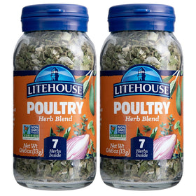 Litehouse Freeze Dried Poultry Herb Blend jar closeup for quick, flavorful poultry seasoning.