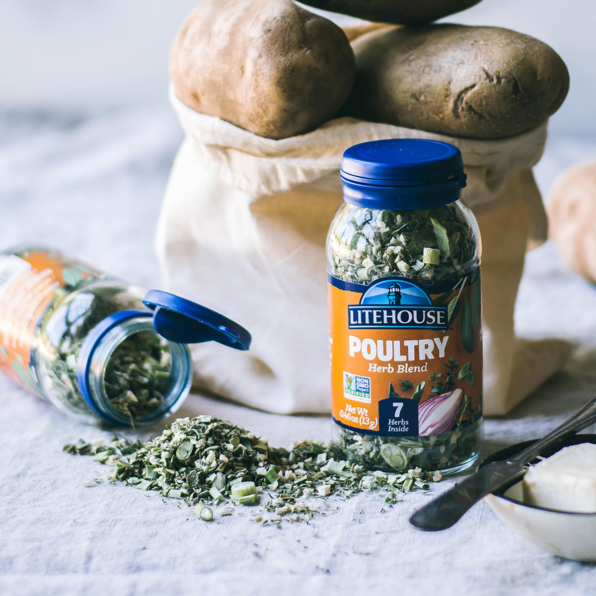 Litehouse Freeze Dried Poultry Herb Blend kitchen scene suggests quick weeknight flavor.