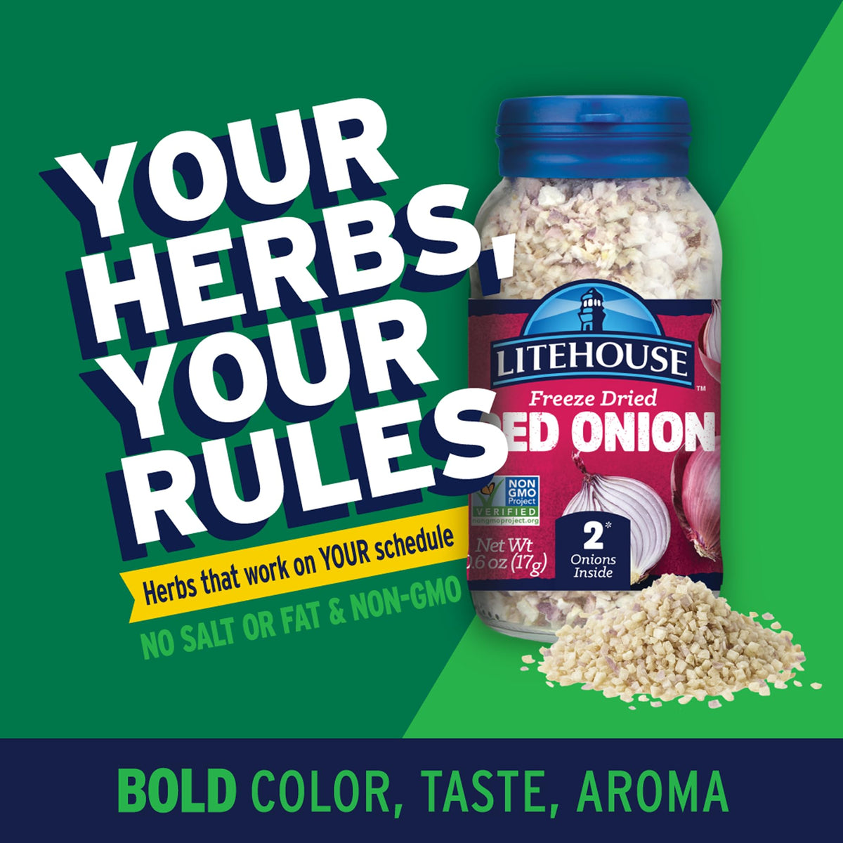 Litehouse Freeze Dried Red Onion packaging front highlights pantry-friendly flavor.