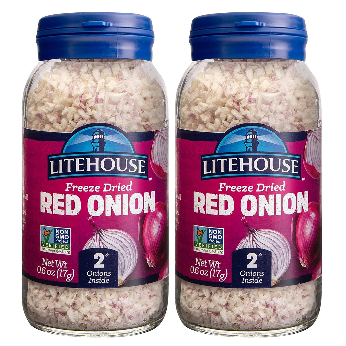 Litehouse Freeze Dried Red Onion tub closeup, vivid color and ready-to-use flavor.