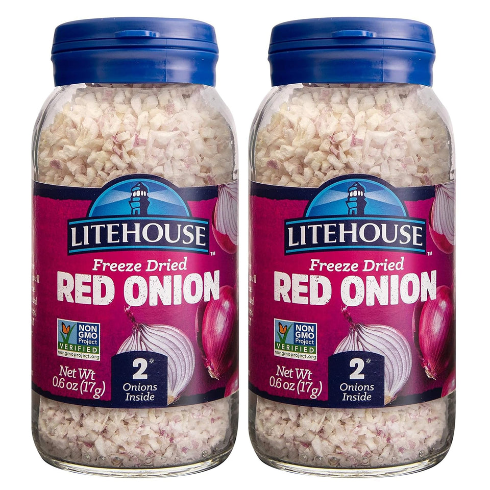 Litehouse Freeze Dried Red Onion tub closeup, vivid color and ready-to-use flavor.