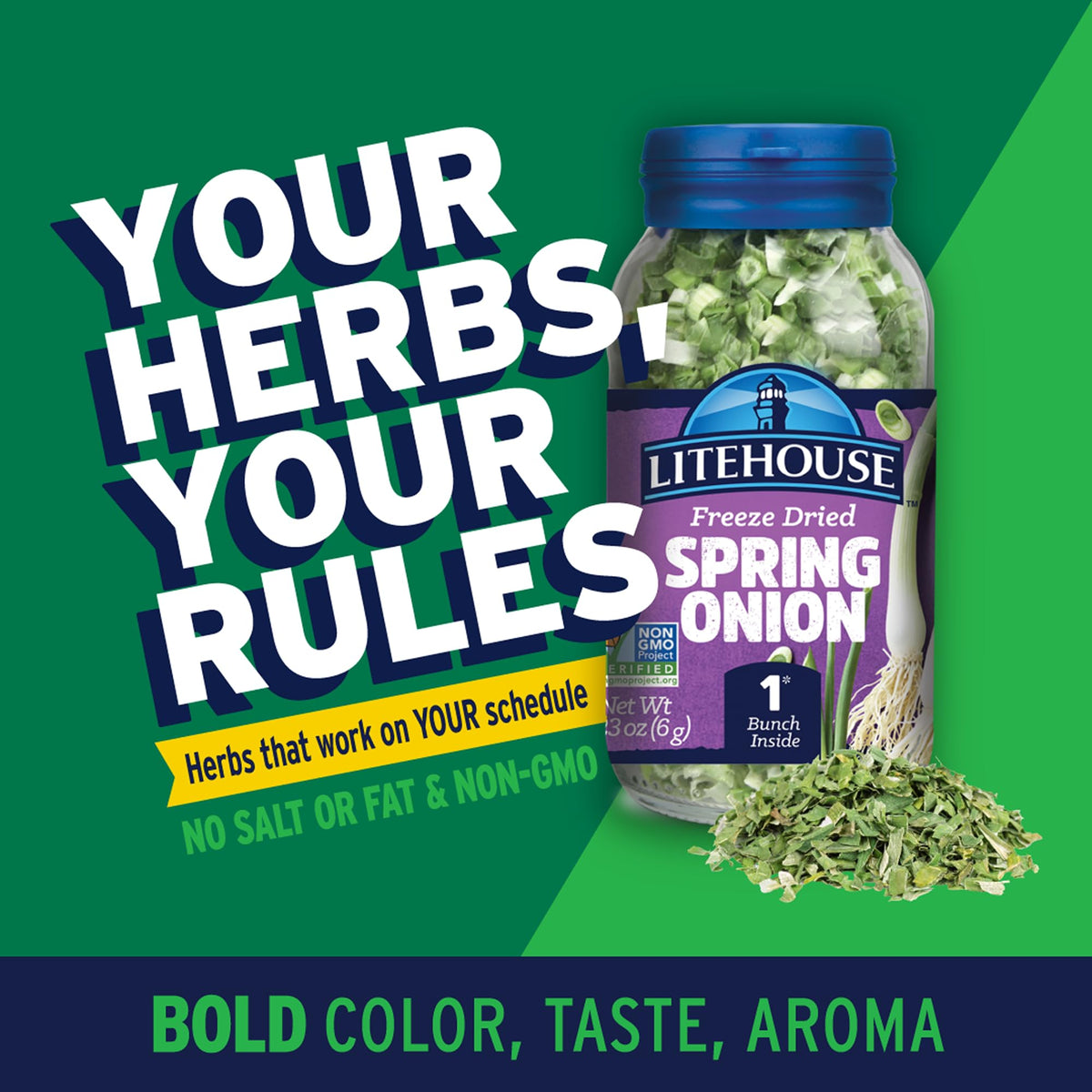 Litehouse Freeze Dried Spring Onion packaging with non-GMO and gluten-free labeling