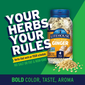 Litehouse ginger flakes on stir-fry pan for bold flavor.