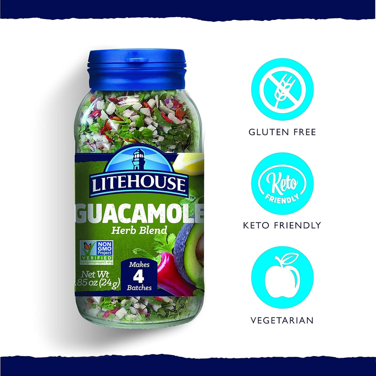 Litehouse Guacamole Seasoning ingredients close-up showing cilantro, garlic, and spices for bold flavor variety.