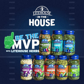 Litehouse herb blend dusting over fresh guacamole for bold aroma.