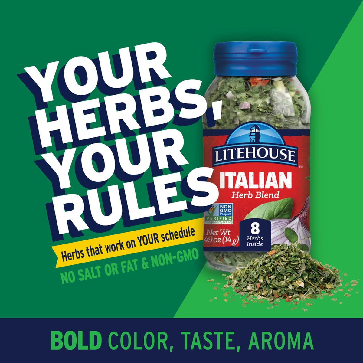 Litehouse spoon-dusting with freeze-dried Italian herbs over pasta