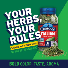 Litehouse spoon-dusting with freeze-dried Italian herbs over pasta