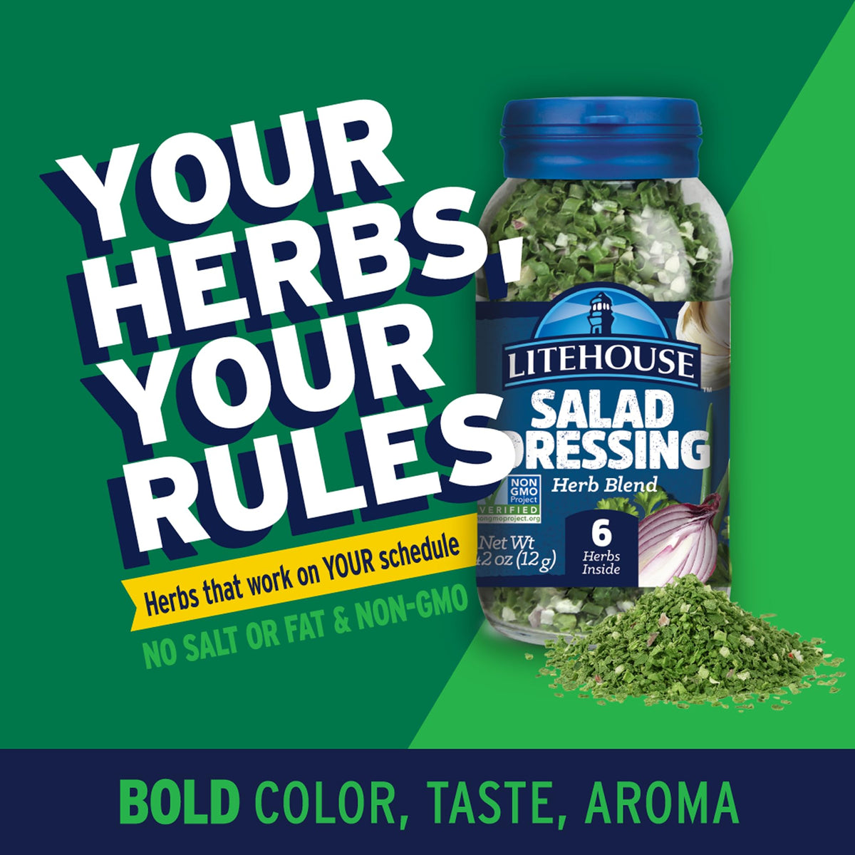 Litehouse dried herbs dispense close-up, demonstrating easy substitution for fresh flavor