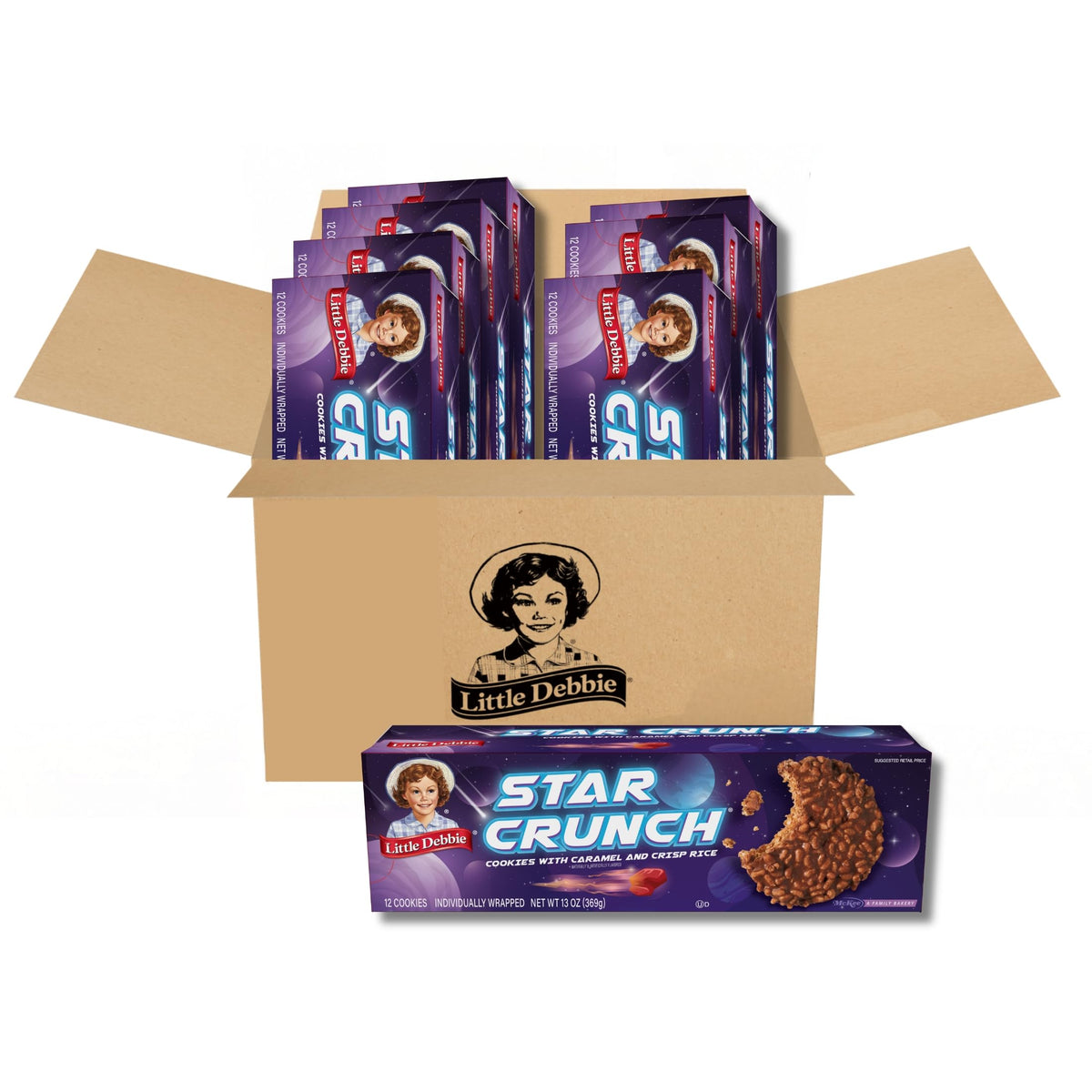 Little Debbie Star Crunch Cosmic Cookies box with eight individually wrapped snacks for sharing.