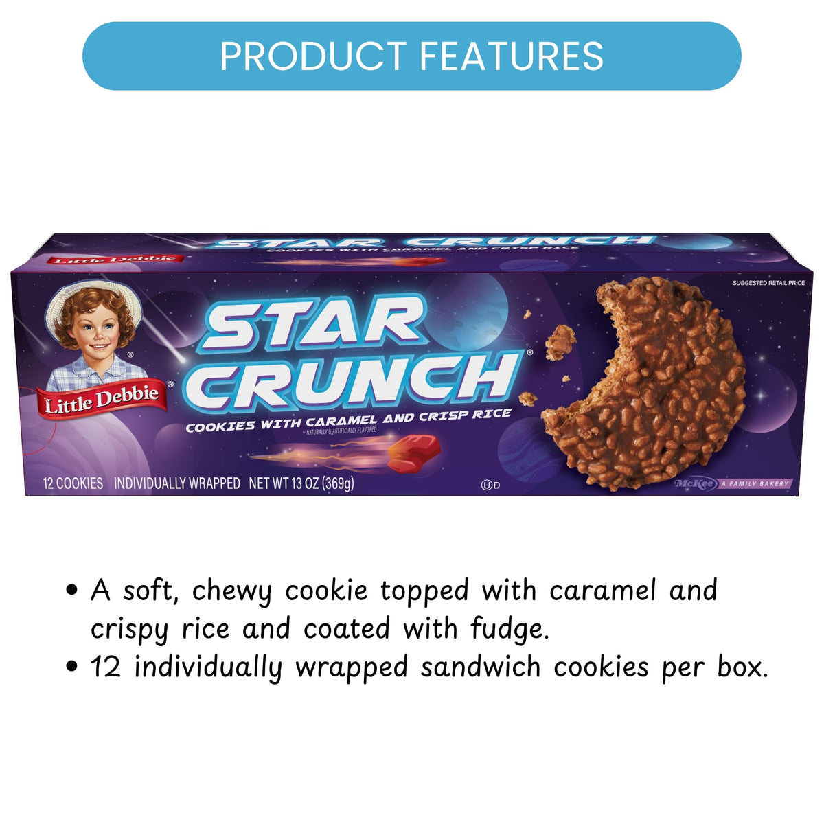 Little Debbie Star Crunch Cosmic Cookies close-up shows caramel, crispy rice, and fudge—great on-the-go snack.