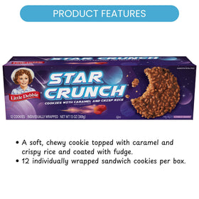 Little Debbie Star Crunch Cosmic Cookies close-up shows caramel, crispy rice, and fudge—great on-the-go snack.