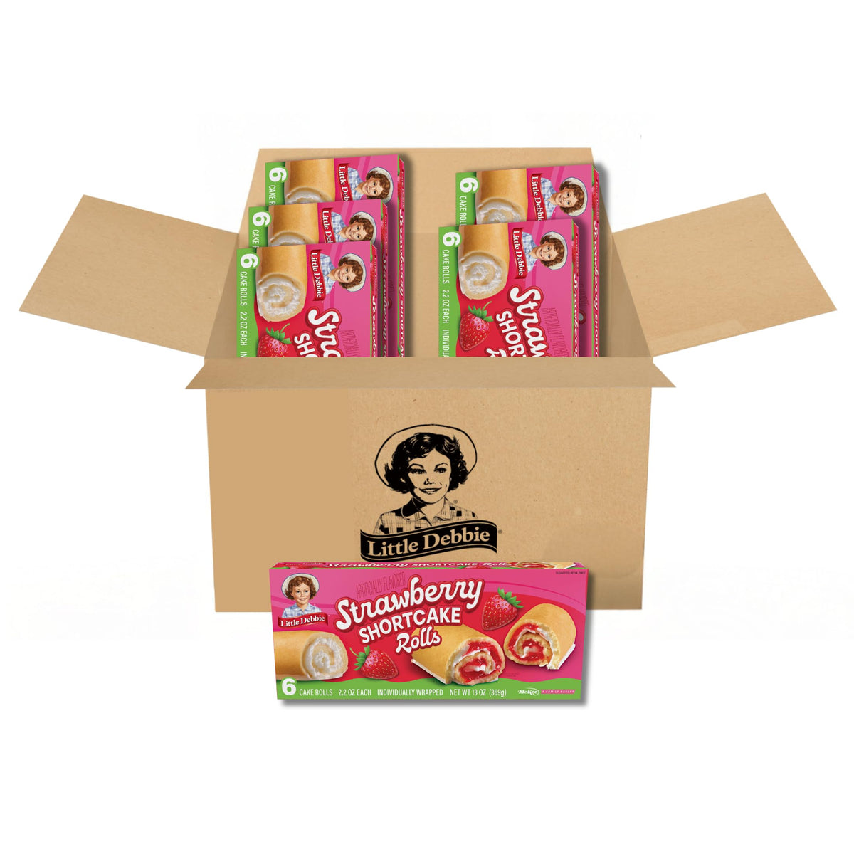 Little Debbie Strawberry Shortcake Rolls pack showing 6 boxes for easy sharing.
