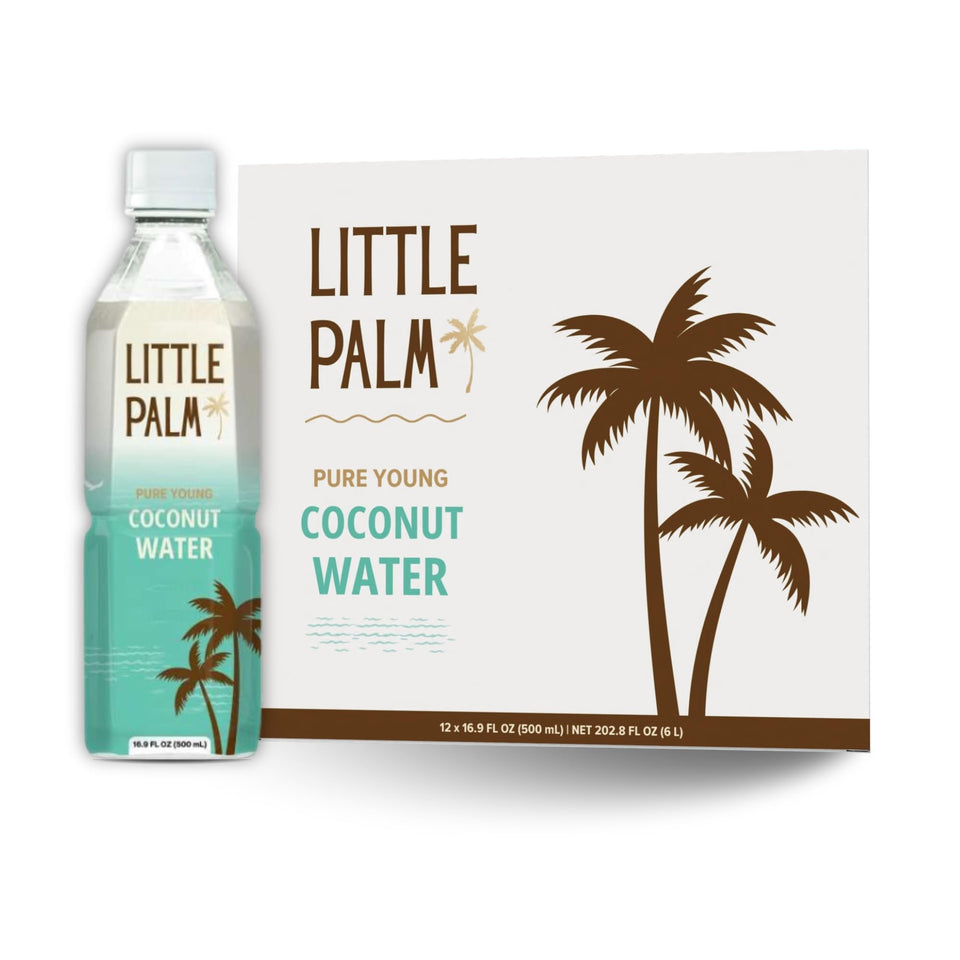 Little Palm coconut water bottle on shelf promotes natural hydration.