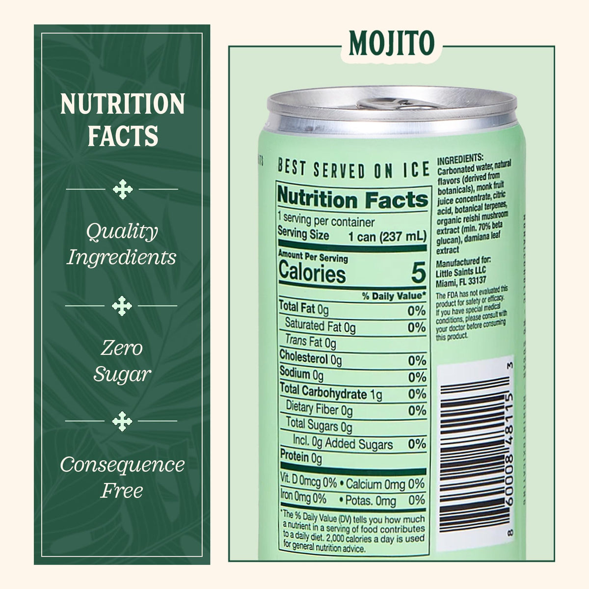Little Saints mojito ingredients mint and lime on label convey fresh flavor