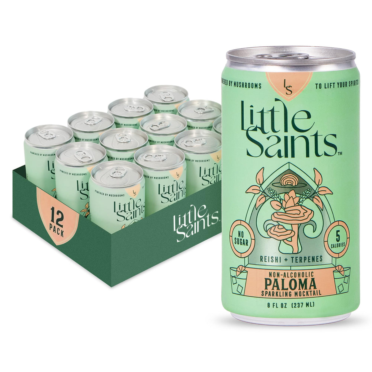 Little Saints Paloma mocktail can side view, refreshing non-alcoholic option.