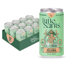 Little Saints Paloma mocktail can side view, refreshing non-alcoholic option.