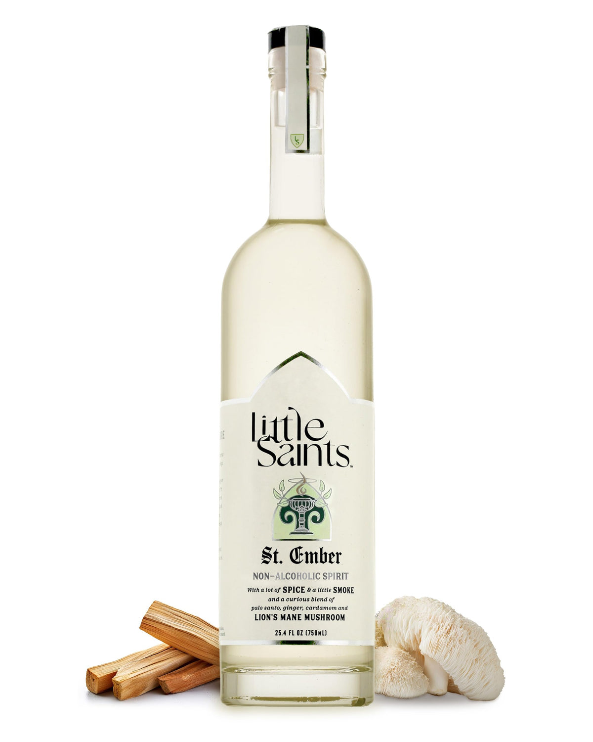 Little Saints St. Ember bottle label showcases smoky mezcal vibes for refined mocktails.