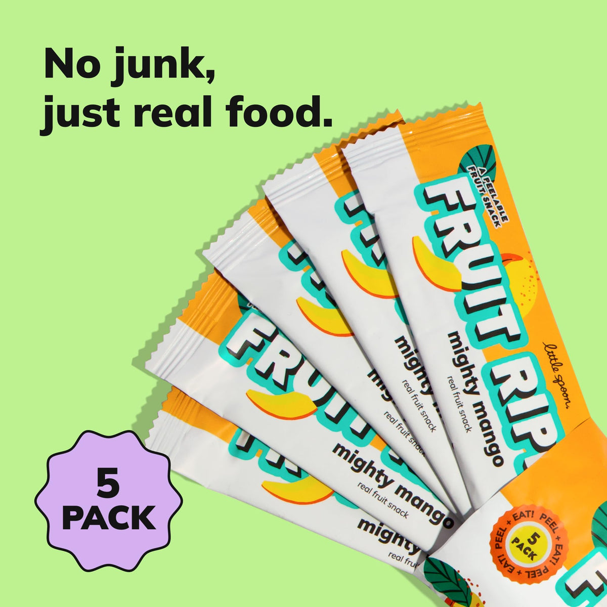 Little Spoon Mighty Mango Non-GMO badge signals clean snack choice.