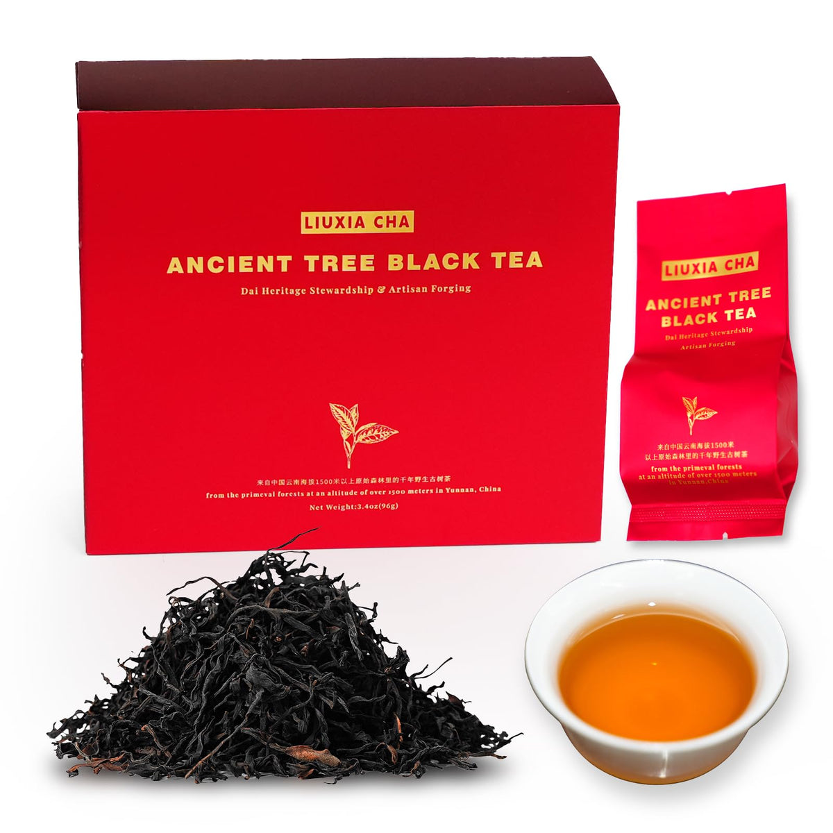 LIUXIA CHA Yunnan ancient-tree black tea pack close-up for gifting and daily savor