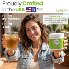 Hot mug with steam shows warm, steady focus support from Liv Matte Yerba Mate.