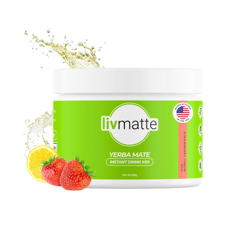 Liv Matte Yerba Mate powder with lemon scoop offers a refreshing, sugar-free energy option.